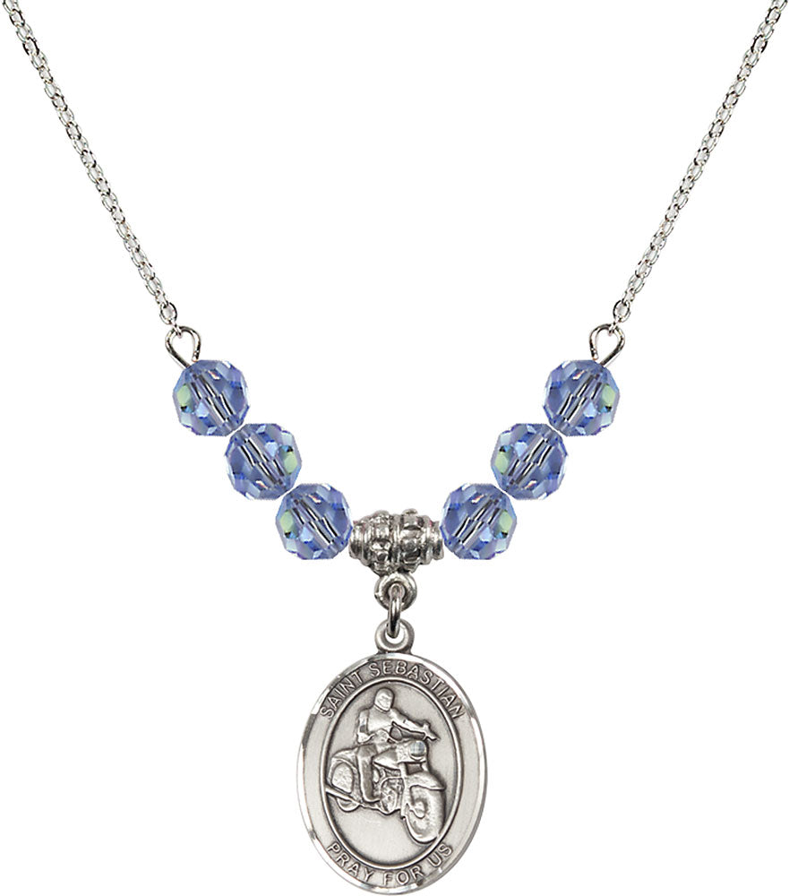Sterling Silver Saint Sebastian / Motorcycle Birthstone Necklace with Light Sapphire Beads - 8197