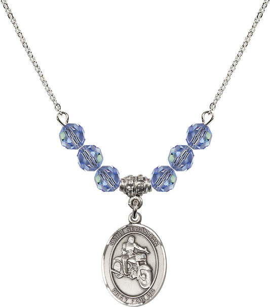Sterling Silver Saint Sebastian / Motorcycle Birthstone Necklace with Light Sapphire Beads - 8197