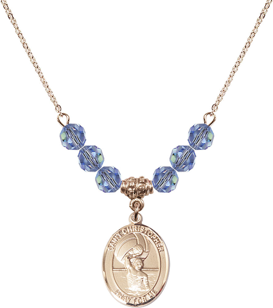 14kt Gold Filled Saint Christopher/Water Polo-Men Birthstone Necklace with Light Sapphire Beads - 8198