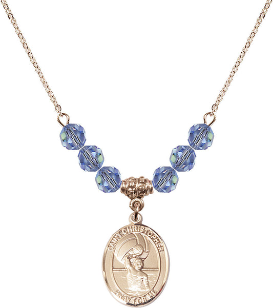 14kt Gold Filled Saint Christopher/Water Polo-Men Birthstone Necklace with Light Sapphire Beads - 8198