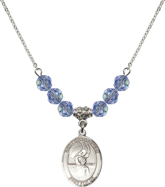 Sterling Silver Saint Christopher/Water Polo-Men Birthstone Necklace with Light Sapphire Beads - 8198