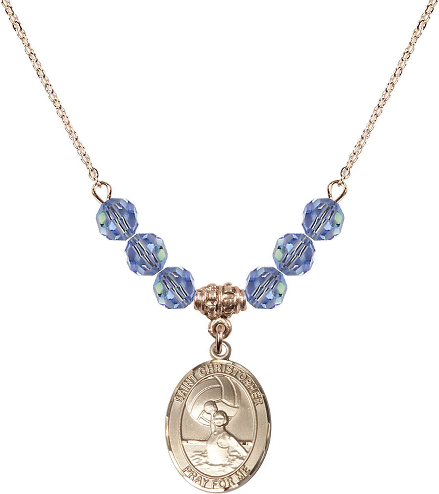 14kt Gold Filled Saint Christopher/Water Polo-Women Birthstone Necklace with Light Sapphire Beads - 8199