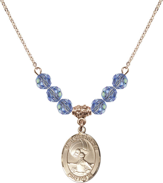 14kt Gold Filled Saint Christopher/Water Polo-Women Birthstone Necklace with Light Sapphire Beads - 8199