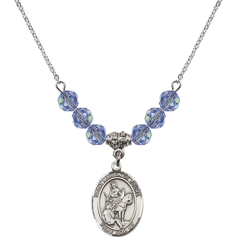 Sterling Silver Saint Martin of Tours Birthstone Necklace with Light Sapphire Beads - 8200