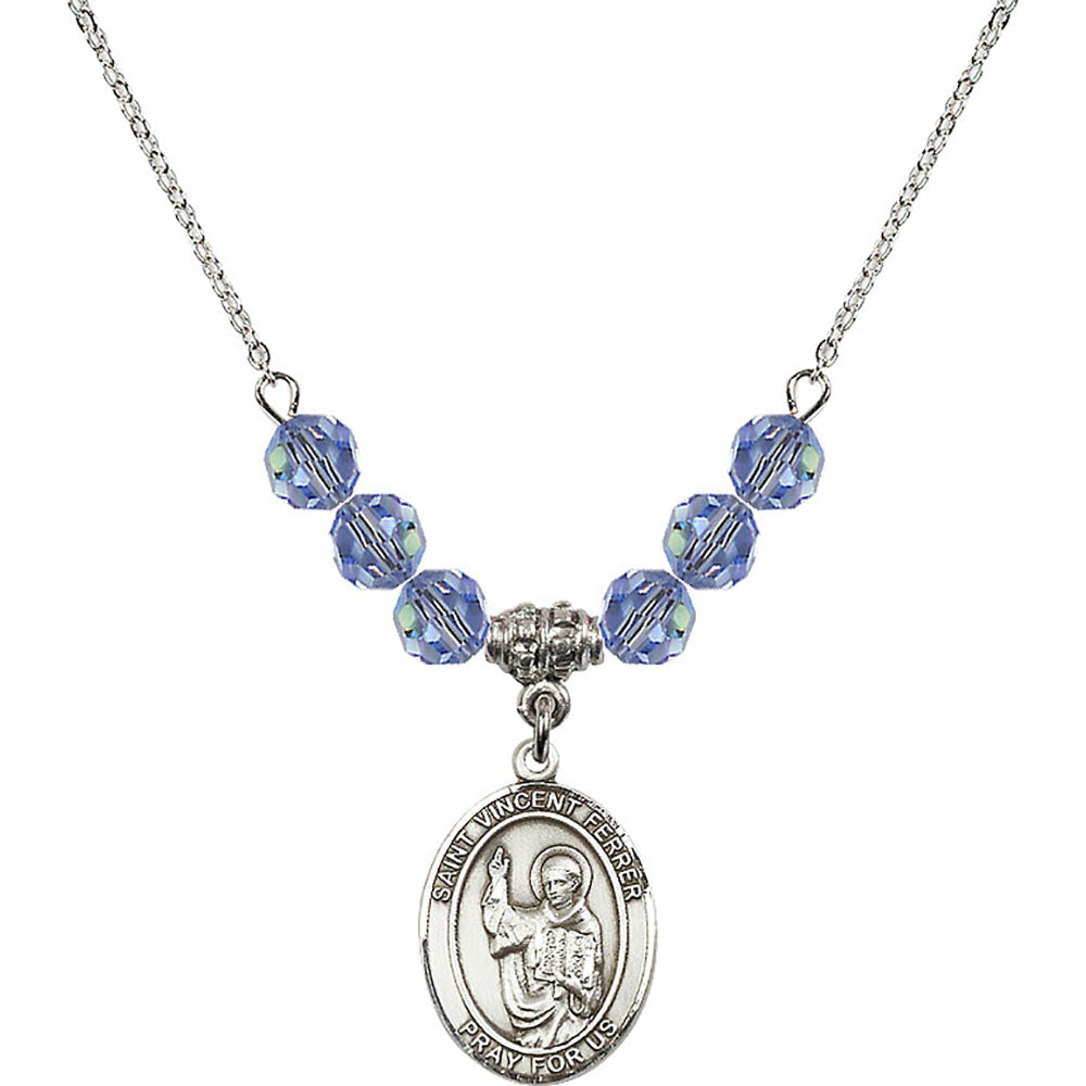 Sterling Silver Saint Vincent Ferrer Birthstone Necklace with Light Sapphire Beads - 8201