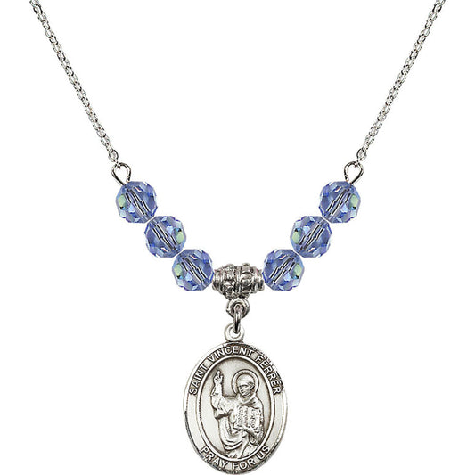 Sterling Silver Saint Vincent Ferrer Birthstone Necklace with Light Sapphire Beads - 8201