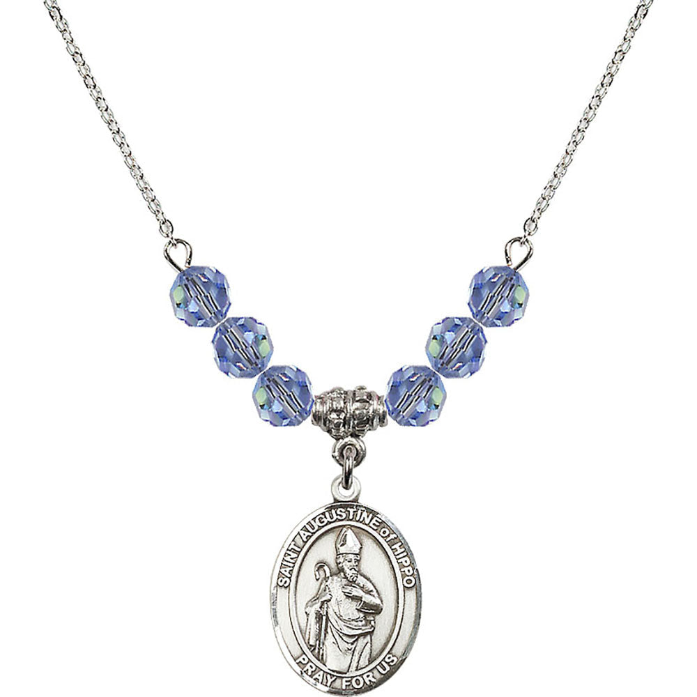 Sterling Silver Saint Augustine of Hippo Birthstone Necklace with Light Sapphire Beads - 8202