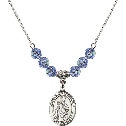 Sterling Silver Saint Augustine of Hippo Birthstone Necklace with Light Sapphire Beads - 8202