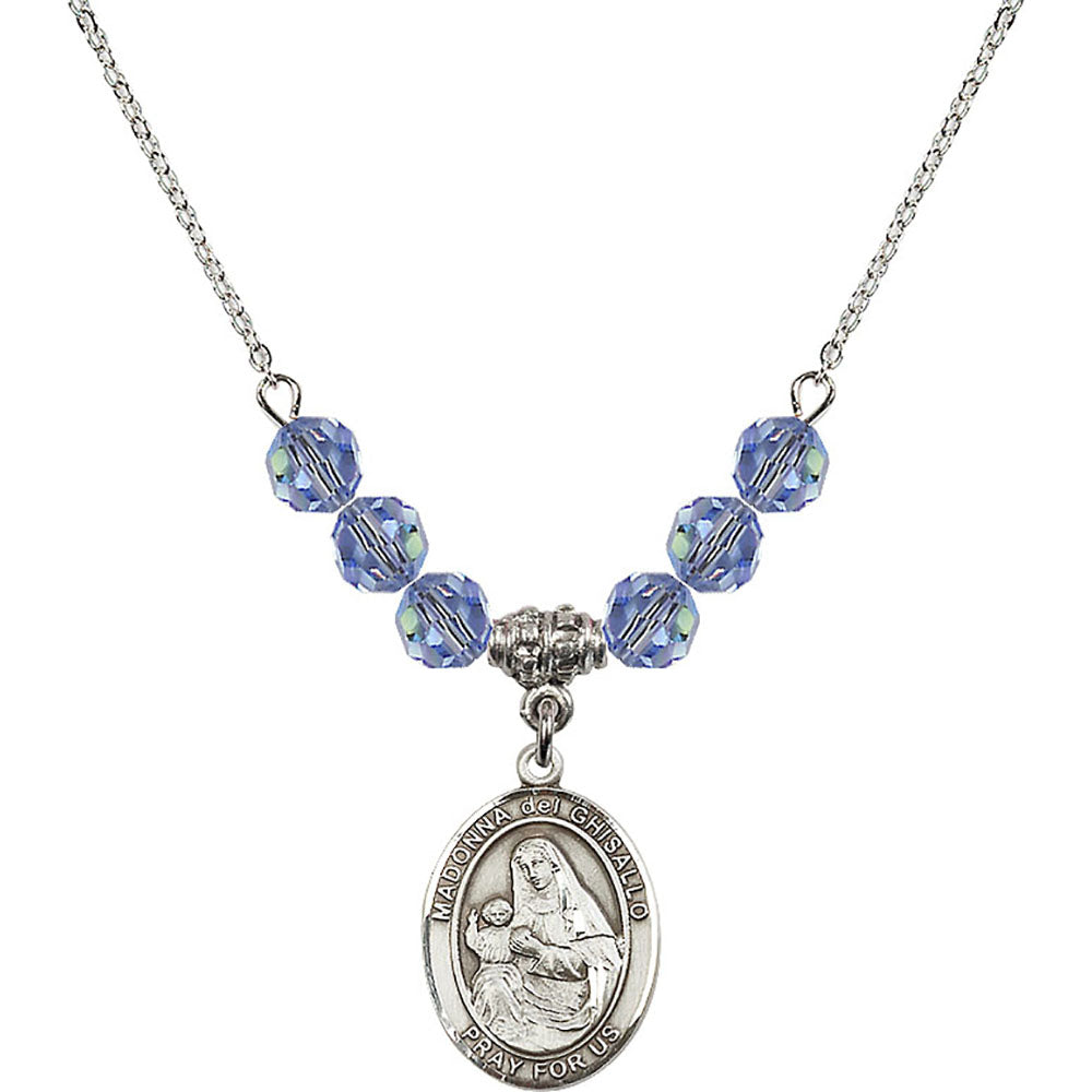 Sterling Silver Madonna del Ghisallo Birthstone Necklace with Light Sapphire Beads - 8203