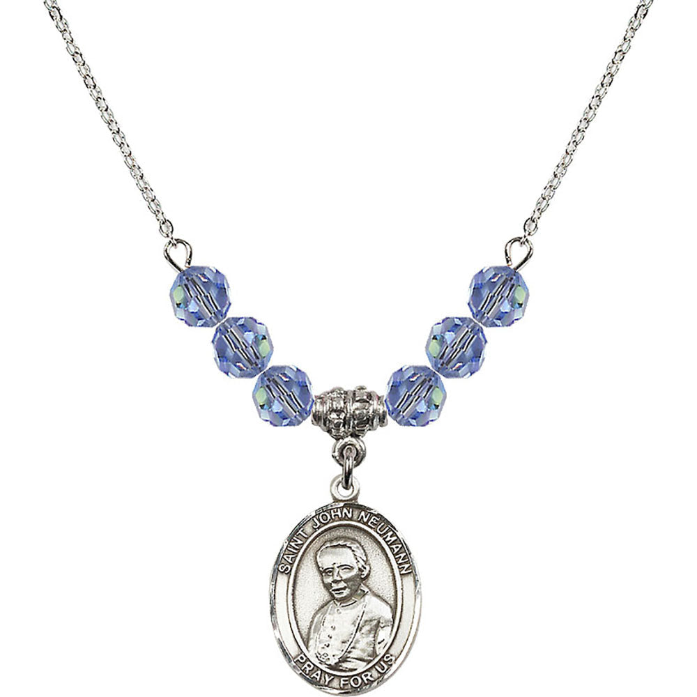 Sterling Silver Saint John Neumann Birthstone Necklace with Light Sapphire Beads - 8204