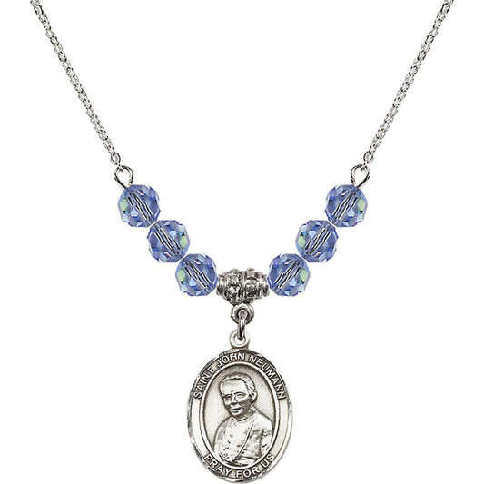 Sterling Silver Saint John Neumann Birthstone Necklace with Light Sapphire Beads - 8204