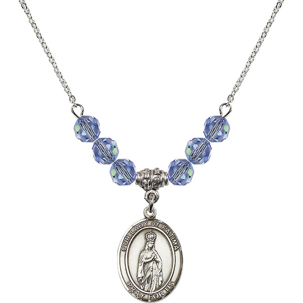 Sterling Silver Our Lady of Fatima Birthstone Necklace with Light Sapphire Beads - 8205