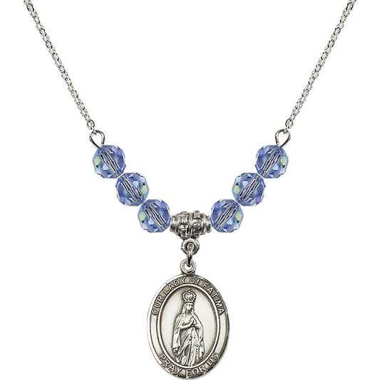 Sterling Silver Our Lady of Fatima Birthstone Necklace with Light Sapphire Beads - 8205