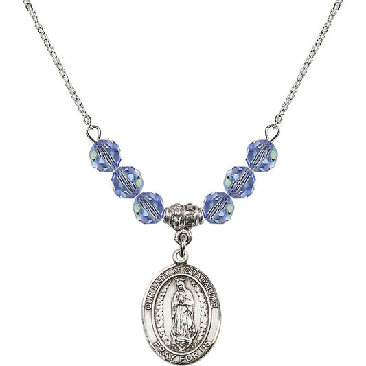 Sterling Silver Our Lady of Guadalupe Birthstone Necklace with Light Sapphire Beads - 8206