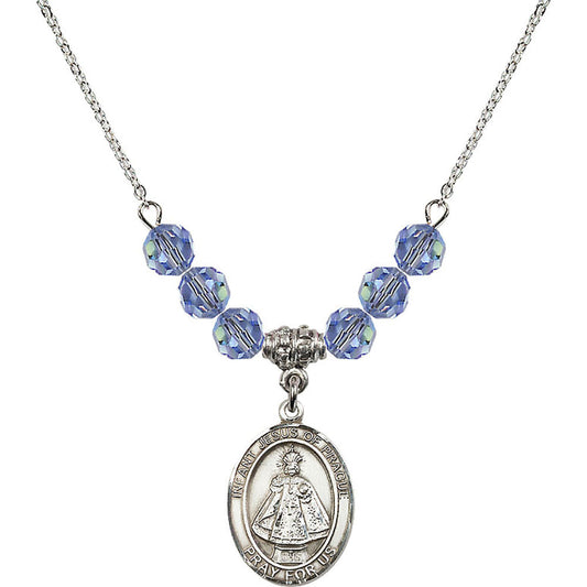 Sterling Silver Infant of Prague Birthstone Necklace with Light Sapphire Beads - 8207