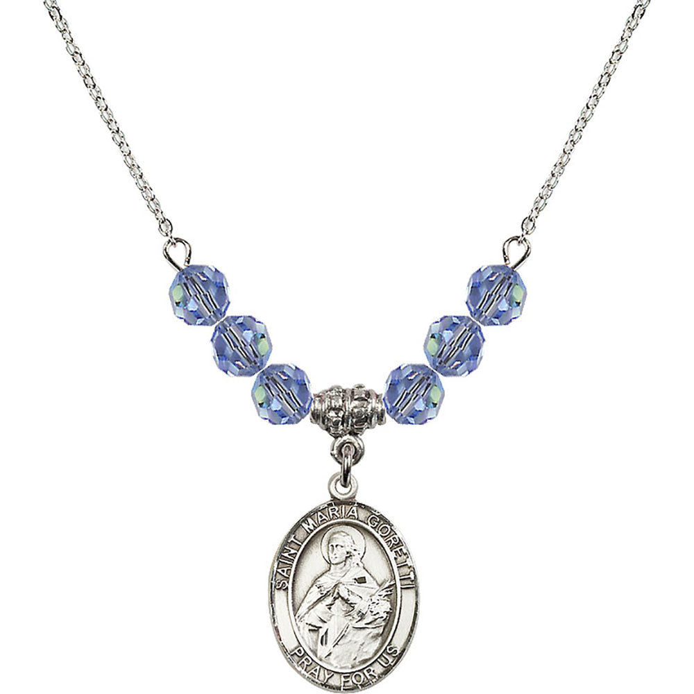 Sterling Silver Saint Maria Goretti Birthstone Necklace with Light Sapphire Beads - 8208