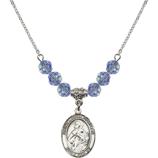 Sterling Silver Saint Maria Goretti Birthstone Necklace with Light Sapphire Beads - 8208