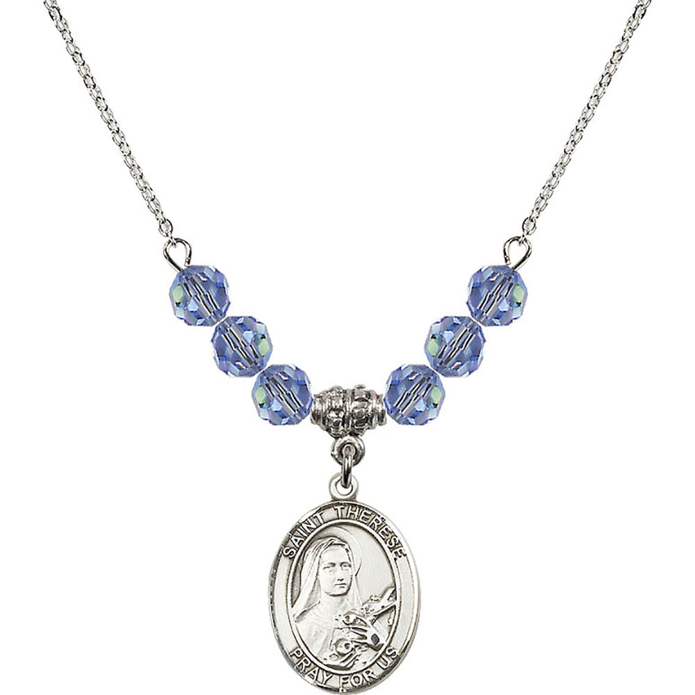 Sterling Silver Saint Therese of Lisieux Birthstone Necklace with Light Sapphire Beads - 8210