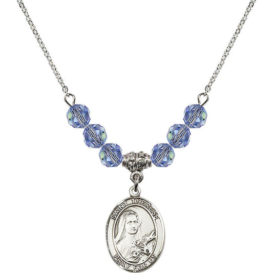 Sterling Silver Saint Therese of Lisieux Birthstone Necklace with Light Sapphire Beads - 8210