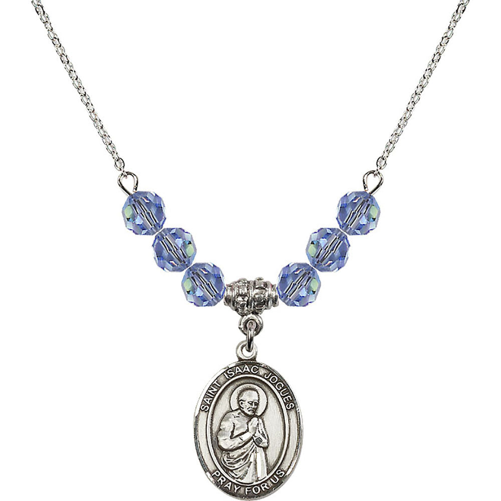 Sterling Silver Saint Isaac Jogues Birthstone Necklace with Light Sapphire Beads - 8212