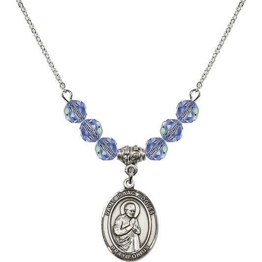 Sterling Silver Saint Isaac Jogues Birthstone Necklace with Light Sapphire Beads - 8212