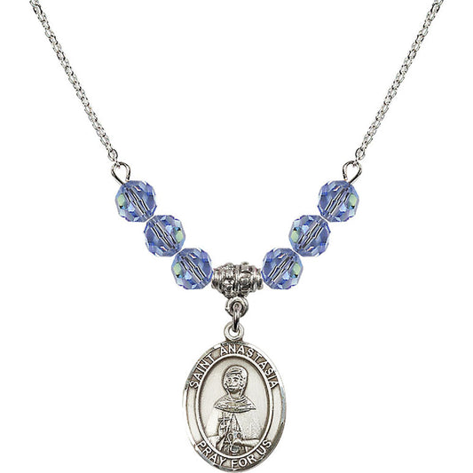 Sterling Silver Saint Anastasia Birthstone Necklace with Light Sapphire Beads - 8213