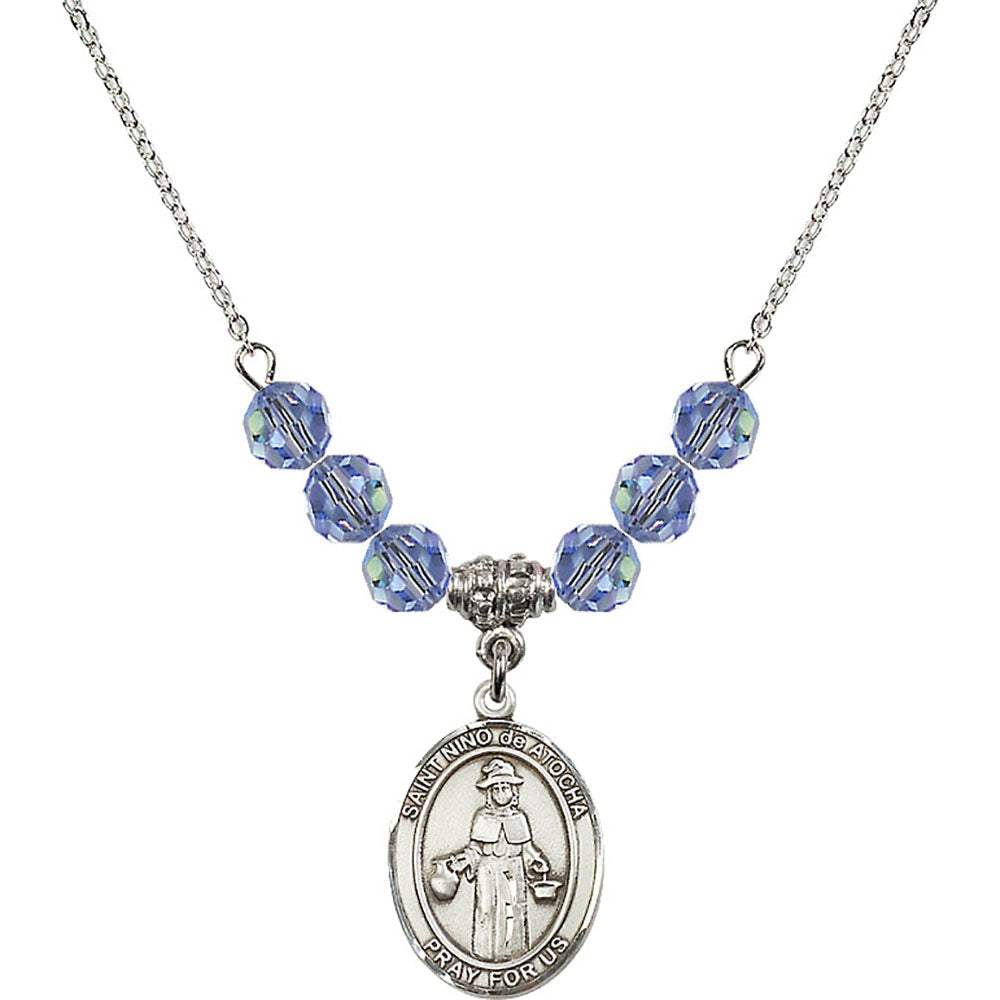 Sterling Silver Saint Nino de Atocha Birthstone Necklace with Light Sapphire Beads - 8214
