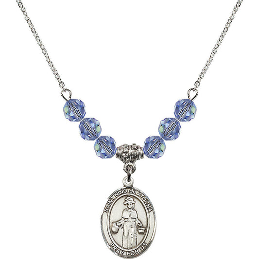Sterling Silver Saint Nino de Atocha Birthstone Necklace with Light Sapphire Beads - 8214