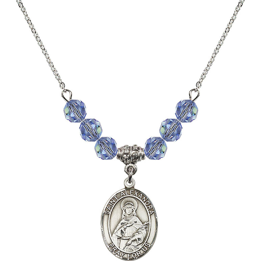 Sterling Silver Saint Alexandra Birthstone Necklace with Light Sapphire Beads - 8215