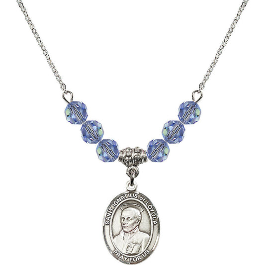 Sterling Silver Saint Ignatius of Loyola Birthstone Necklace with Light Sapphire Beads - 8217