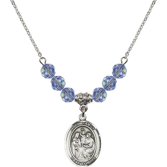 Sterling Silver Holy Family Birthstone Necklace with Light Sapphire Beads - 8218