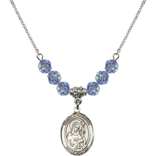 Sterling Silver Saint Gertrude of Nivelles Birthstone Necklace with Light Sapphire Beads - 8219