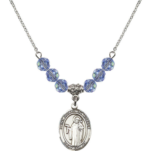 Sterling Silver Saint Joseph the Worker Birthstone Necklace with Light Sapphire Beads - 8220