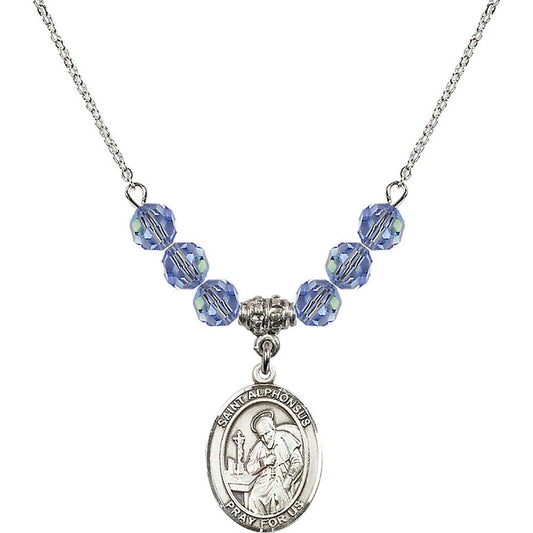 Sterling Silver Saint Alphonsus Birthstone Necklace with Light Sapphire Beads - 8221