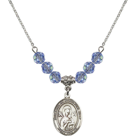 Sterling Silver Our Lady of Perpetual Help Birthstone Necklace with Light Sapphire Beads - 8222