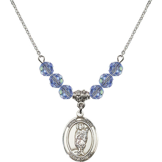 Sterling Silver Saint Victor of Marseilles Birthstone Necklace with Light Sapphire Beads - 8223