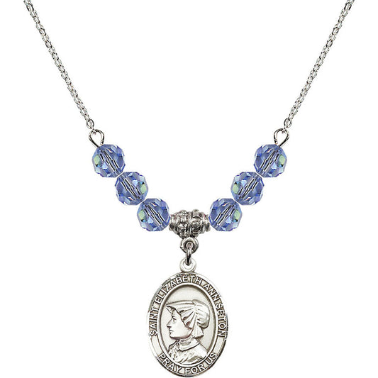 Sterling Silver Saint Elizabeth Ann Seton Birthstone Necklace with Light Sapphire Beads - 8224