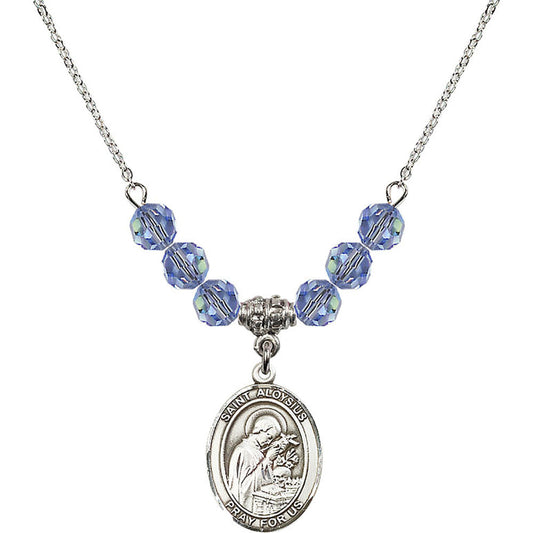 Sterling Silver Saint Aloysius Gonzaga Birthstone Necklace with Light Sapphire Beads - 8225