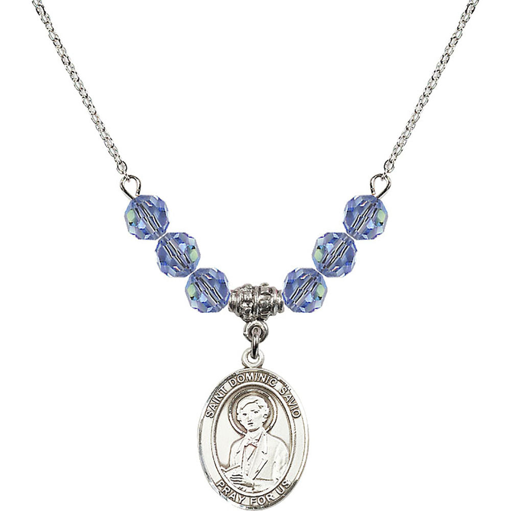 Sterling Silver Saint Dominic Savio Birthstone Necklace with Light Sapphire Beads - 8227