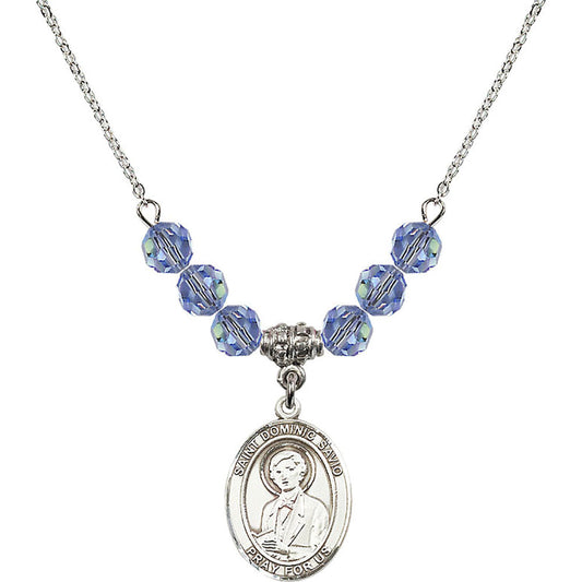 Sterling Silver Saint Dominic Savio Birthstone Necklace with Light Sapphire Beads - 8227