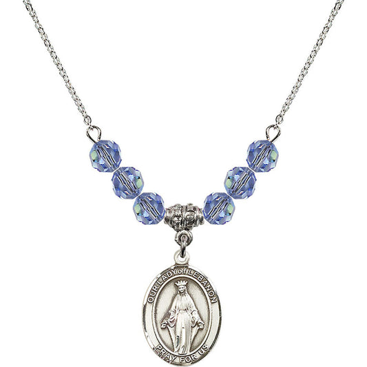 Sterling Silver Our Lady of Lebanon Birthstone Necklace with Light Sapphire Beads - 8229