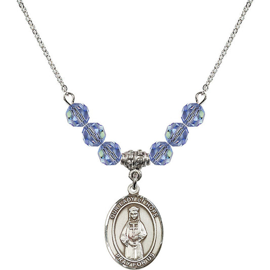 Sterling Silver Our Lady of Hope Birthstone Necklace with Light Sapphire Beads - 8230