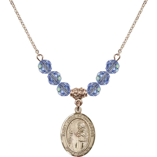 14kt Gold Filled Saint John of the Cross Birthstone Necklace with Light Sapphire Beads - 8231