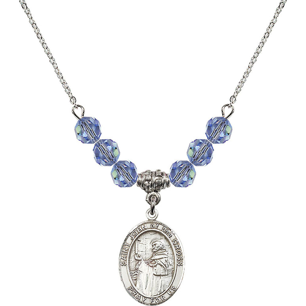 Sterling Silver Saint John of the Cross Birthstone Necklace with Light Sapphire Beads - 8231