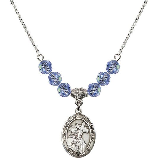 Sterling Silver Saint Bernard of Clairvaux Birthstone Necklace with Light Sapphire Beads - 8233
