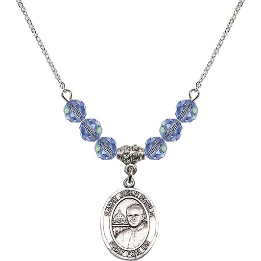 Sterling Silver Saint John Paul II Birthstone Necklace with Light Sapphire Beads - 8234