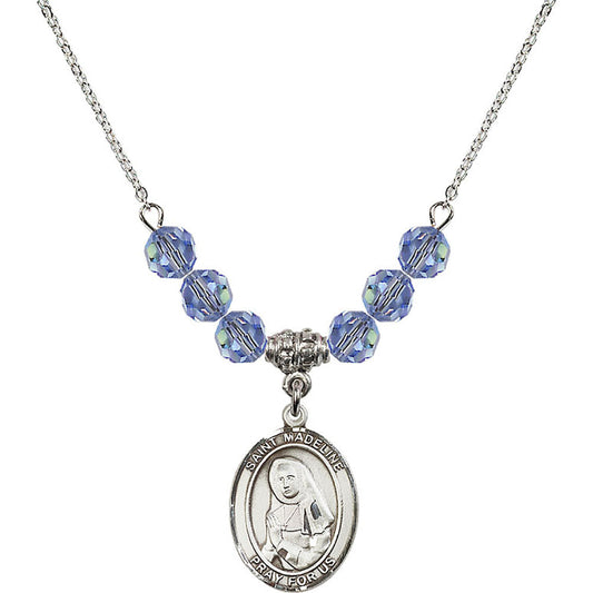 Sterling Silver Saint Madeline Sophie Barat Birthstone Necklace with Light Sapphire Beads - 8236