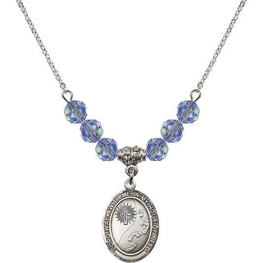 Sterling Silver Footprints / Cross Birthstone Necklace with Light Sapphire Beads - 8237