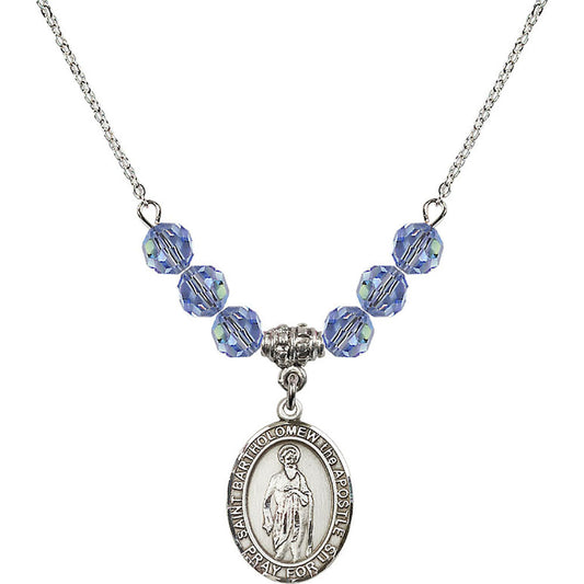 Sterling Silver Saint Bartholomew the Apostle Birthstone Necklace with Light Sapphire Beads - 8238