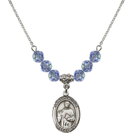 Sterling Silver Saint Placidus Birthstone Necklace with Light Sapphire Beads - 8240